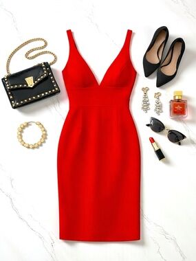 Bianca Nero Red V-Neck Bodycon Midi Cocktail Dress Size XS